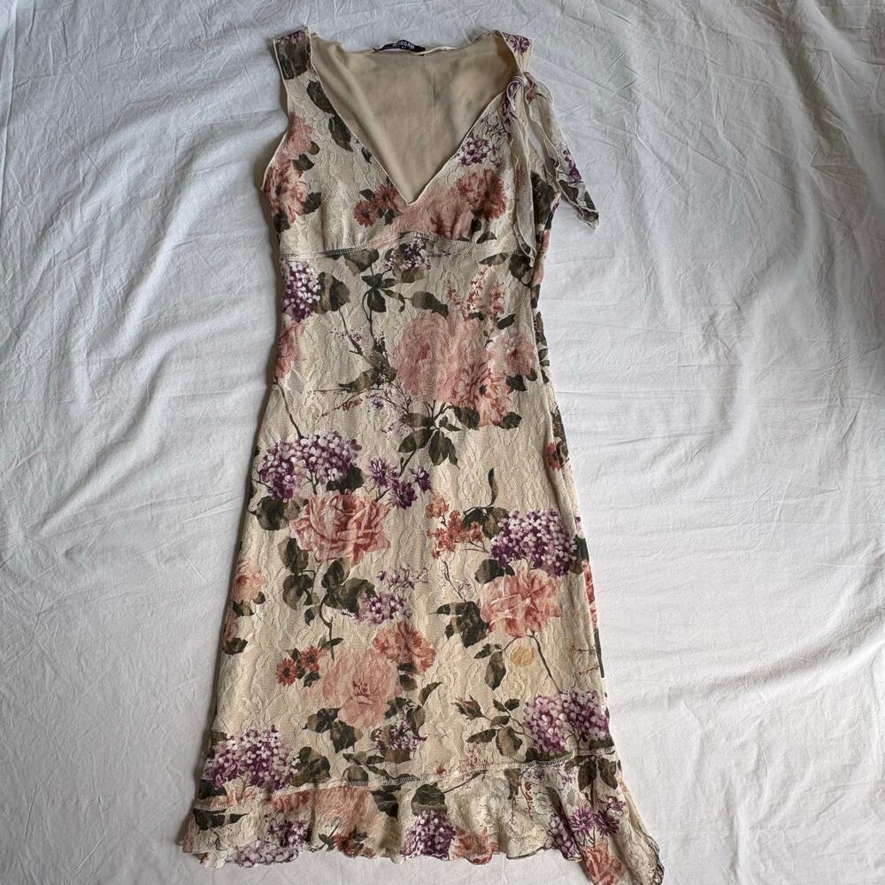 Y2K Cream Midi Dress Morgan De Toi Cream Pink Floral Lace - Size Small